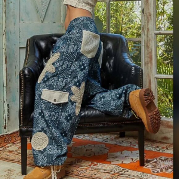 POL NWOT Blue Paisley Patterned Jogger Style Pants, Floral Crochet Appliques - Picture 1 of 14
